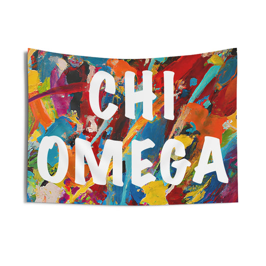 Chi Omega Wall Flag with Paint Splatter Design Sorority Home Decoration for Dorms & Apartments