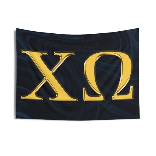 Chi Omega Wall Flag with Navy & Gold Letters Sorority Home Decoration for Dorms & Apartments